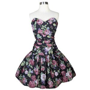 Vintage 80s Strapless Black Floral Rose Smocked Bubble Skirt Prom Party Dress S